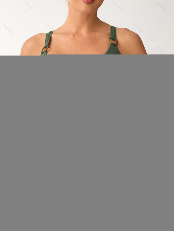 Ensemble de maillot de bain bikini de vacances, dos croisé, imprimé cocotier, bas froncé - Vert Armée L | US 8