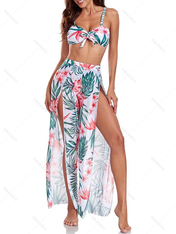 Maillot de bain trois pièces bikini avec nœud papillon, imprimé floral tropical frangipanier et jupe de plage fendue. - multicolor A XXL | US 12