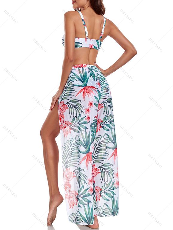 Maillot de bain trois pièces bikini avec nœud papillon, imprimé floral tropical frangipanier et jupe de plage fendue. - multicolor A XXL | US 12