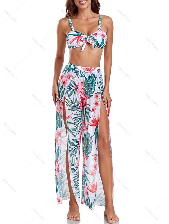 Maillot de bain trois pièces bikini avec nœud papillon, imprimé floral tropical frangipanier et jupe de plage fendue. - multicolor A XXL | US 12