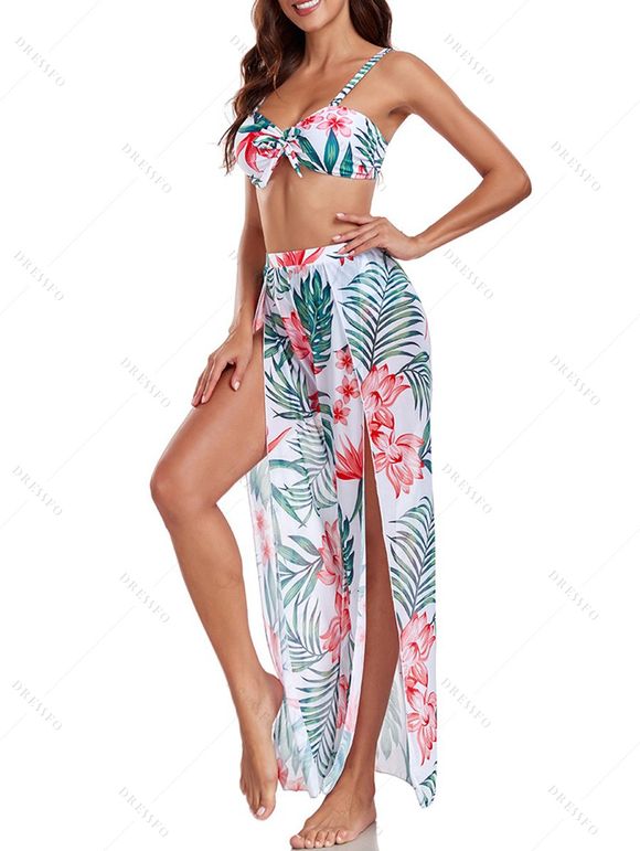 Maillot de bain trois pièces bikini avec nœud papillon, imprimé floral tropical frangipanier et jupe de plage fendue. - multicolor A XXL | US 12