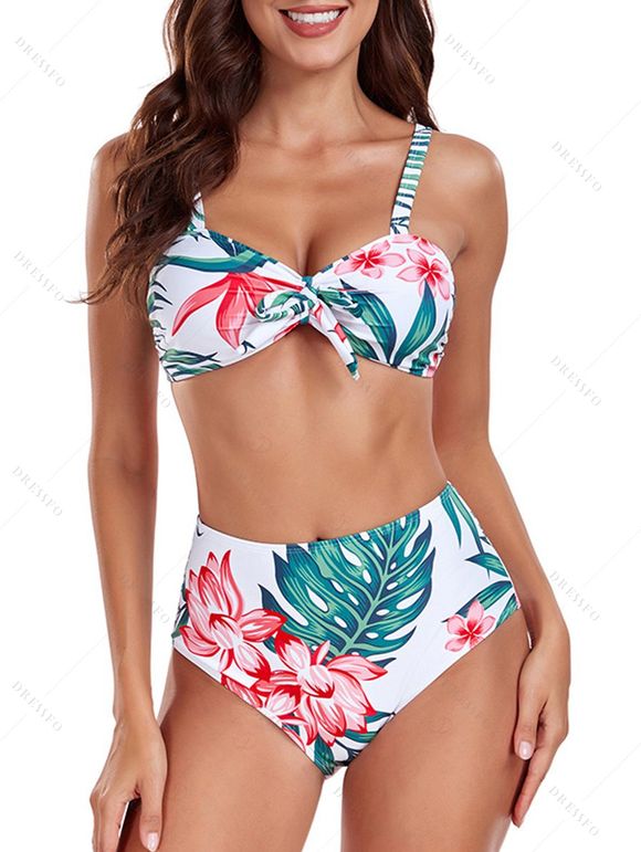 Maillot de bain trois pièces bikini avec nœud papillon, imprimé floral tropical frangipanier et jupe de plage fendue. - multicolor A XXL | US 12