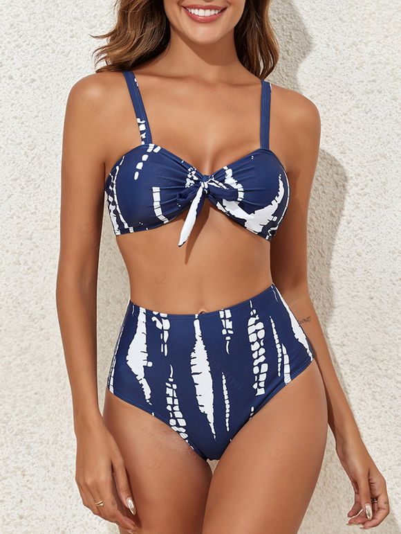 Maillot de bain trois pièces bikini avec nœud papillon, imprimé tie-dye et rayures, jupe de plage fendue - Bleu Marine XXL | US 12