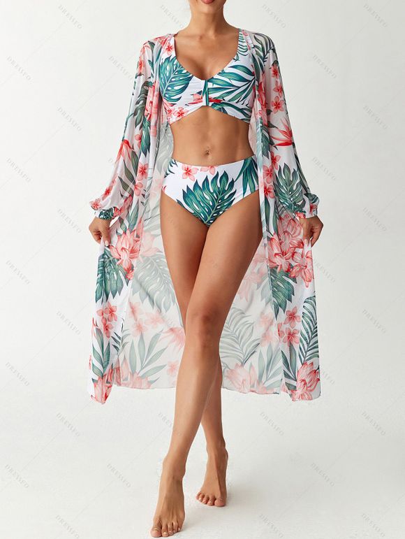 Ensemble de maillot de bain trois pièces bikini, paréo à imprimé floral et feuilles botaniques, idéal pour les vacances. - multicolor A S | US 4