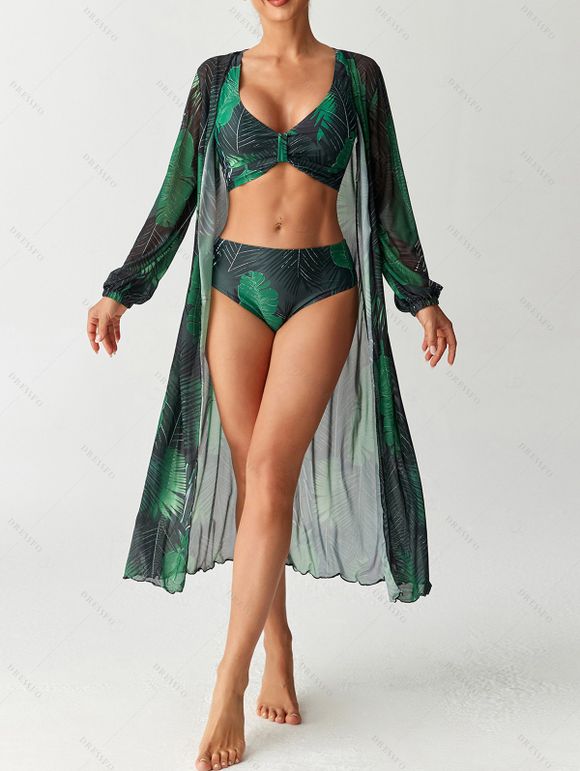 Ensemble de maillot de bain trois pièces bikini, paréo à imprimé floral et feuilles botaniques, idéal pour les vacances. - Noir XL | US 10