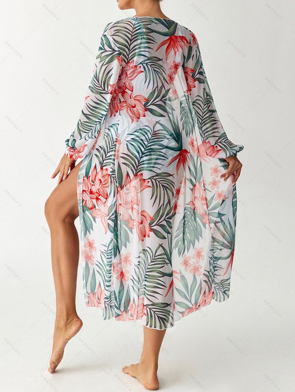 Ensemble de maillot de bain trois pièces bikini, paréo à imprimé floral et feuilles botaniques, idéal pour les vacances. - multicolor A S | US 4