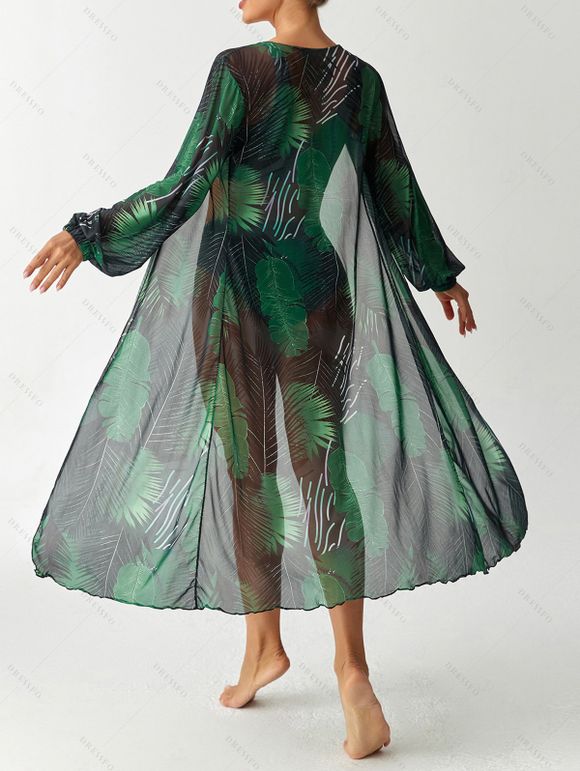 Ensemble de maillot de bain trois pièces bikini, paréo à imprimé floral et feuilles botaniques, idéal pour les vacances. - Noir XL | US 10