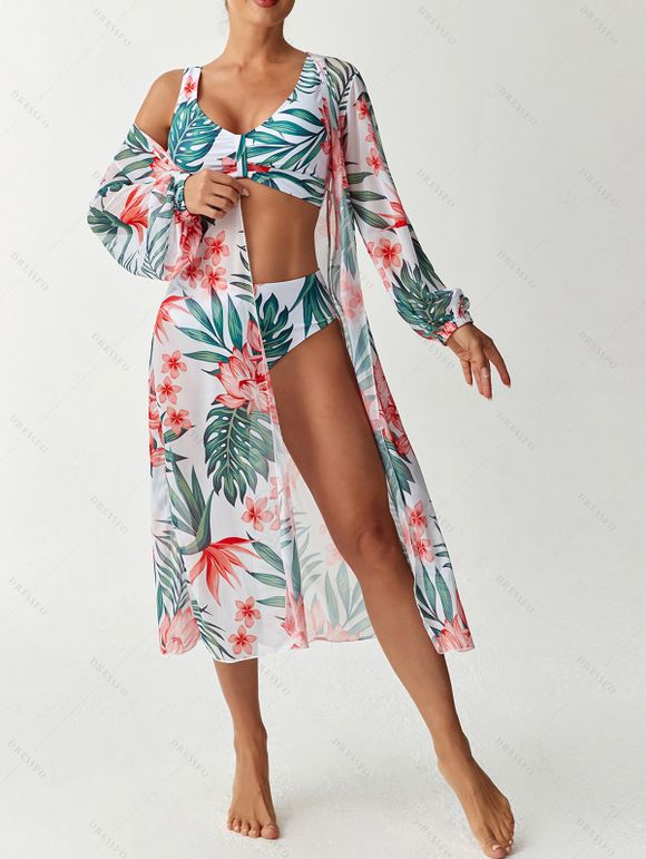 Ensemble de maillot de bain trois pièces bikini, paréo à imprimé floral et feuilles botaniques, idéal pour les vacances. - multicolor A S | US 4