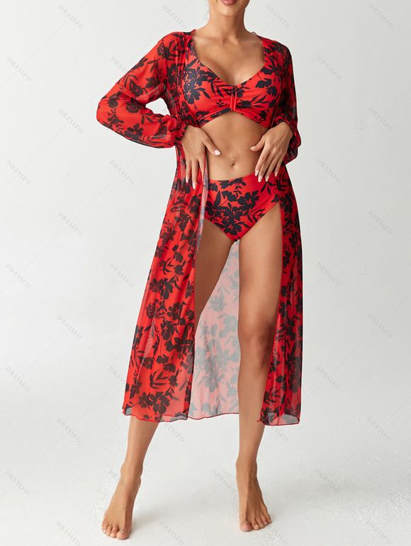 Ensemble de maillot de bain trois pièces bikini, paréo à imprimé floral et feuilles botaniques, idéal pour les vacances. - Rouge Cerise L | US 8