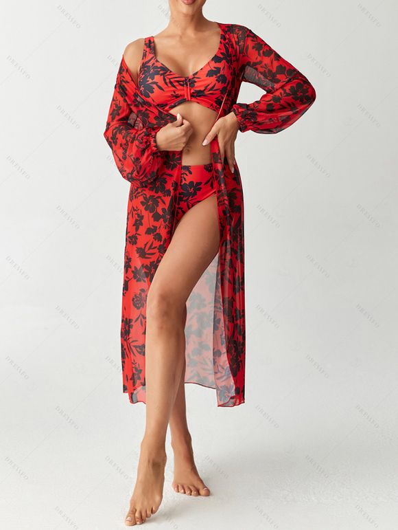 Ensemble de maillot de bain trois pièces bikini, paréo à imprimé floral et feuilles botaniques, idéal pour les vacances. - Rouge Cerise L | US 8