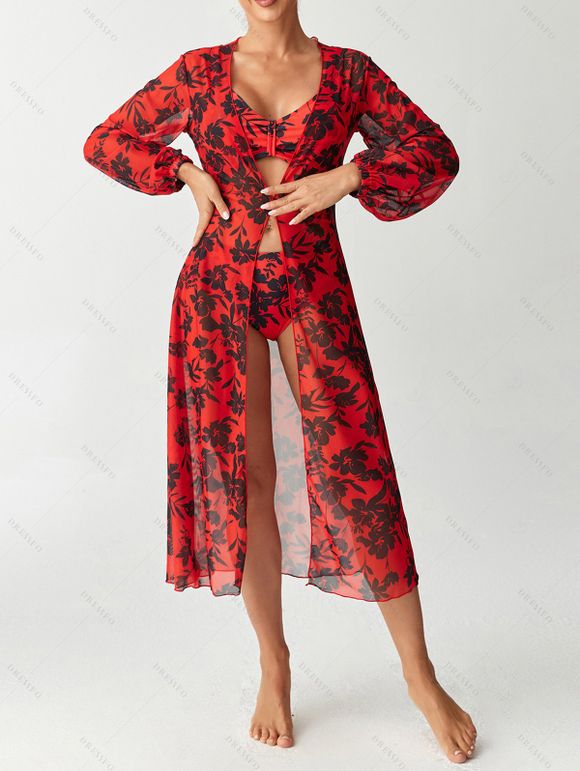 Ensemble de maillot de bain trois pièces bikini, paréo à imprimé floral et feuilles botaniques, idéal pour les vacances. - Rouge Cerise L | US 8