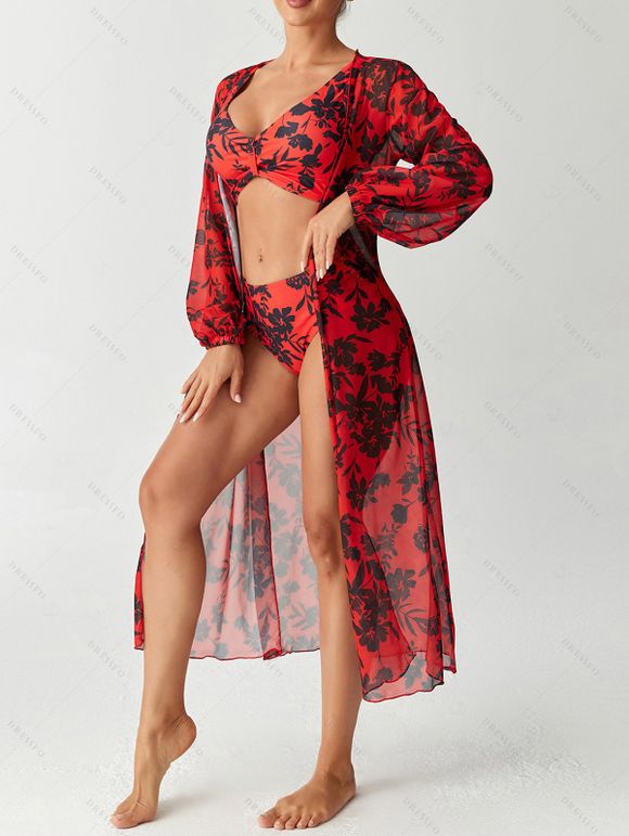 Ensemble de maillot de bain trois pièces bikini, paréo à imprimé floral et feuilles botaniques, idéal pour les vacances. - Rouge Cerise L | US 8