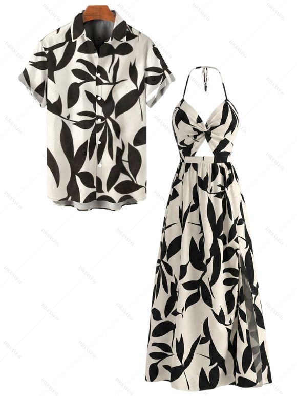 Vacation Couple Outfit Minimalist Leaf Pattern Twisted Cut Out Slit Halter Dress and Shirt Set - Noir S | US 4