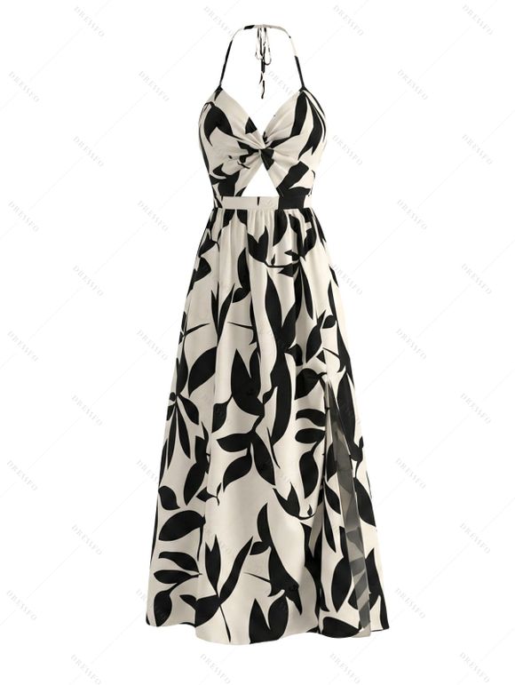 Vacation Couple Outfit Minimalist Leaf Pattern Twisted Cut Out Slit Halter Dress and Shirt Set - Noir S | US 4