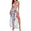 Maillot de bain trois pièces bikini avec nœud papillon, imprimé floral tropical frangipanier et jupe de plage fendue. - multicolor A XXL | US 12