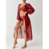 Ensemble de maillot de bain trois pièces bikini, paréo à imprimé floral et feuilles botaniques, idéal pour les vacances. - Rouge Cerise L | US 8