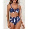 Maillot de bain trois pièces bikini avec nœud papillon, imprimé tie-dye et rayures, jupe de plage fendue - Bleu Marine XXL | US 12