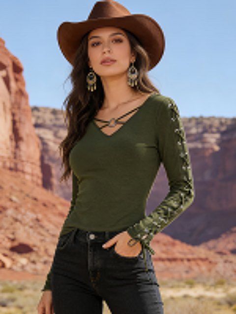 Haut Ajusté Bague en O Manches Longues à Col V à Lacets