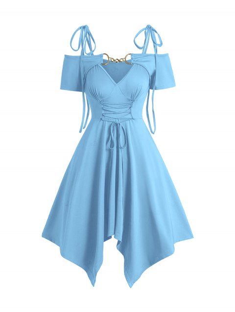 Robe asymétrique à épaules dénudées et lacets, nœud à nouer à l'épaule, chaîne, couleur unie, manches courtes