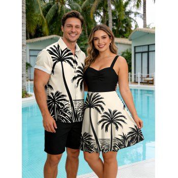 Beach Couple Outfit Colorblock Coconut Tree Print Dress and Shirt Set