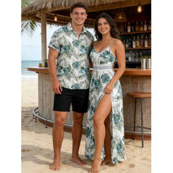 Vacation Couple Outfit Hibiscus Floral Leaf Pattern Geometric Lace Panel Hollow Out Long Dress and Button Up Shirt Casual Matching Outfit
