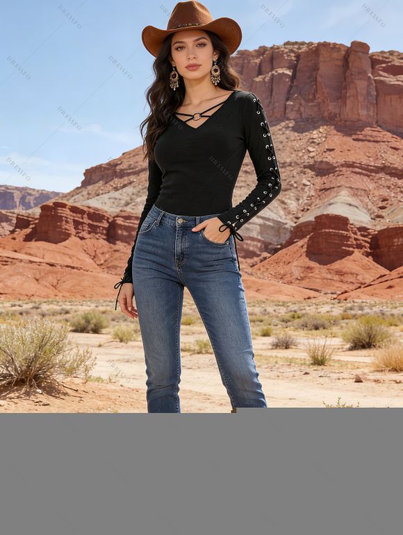 Haut ajusté à manches longues et col rond Solid VO à lacets - Noir XXL | US 12