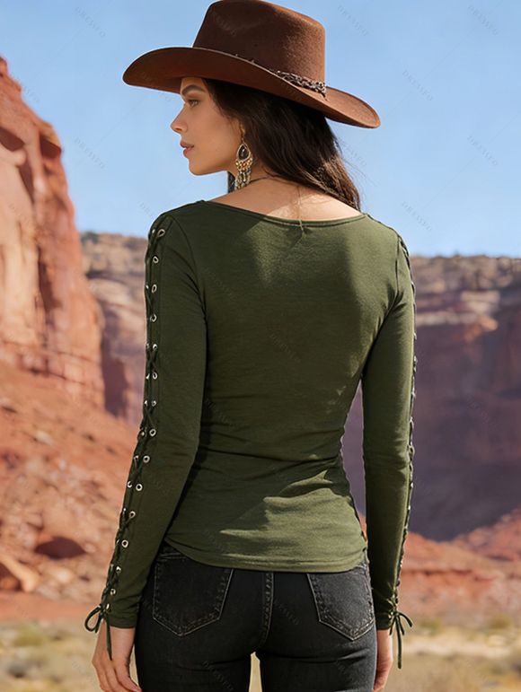 Haut Ajusté Bague en O Manches Longues à Col V à Lacets - Vert profond S | US 4