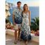 Vacation Couple Outfit Watercolor Vine Leaf Print Lace Hollow Out Slit Dress and Shirt Set - Paon Bleu S | US 4