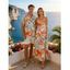 Vacation Couple Outfit Watercolor Hibiscus Leaf Print Hollow Out Slit Dress and Shirt Set - Orange S | US 4