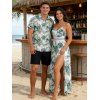 Vacation Couple Outfit Hibiscus Floral Leaf Pattern Geometric Lace Panel Hollow Out Long Dress and Button Up Shirt Casual Matching Outfit - Vert clair S | US 4