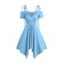Robe asymétrique à épaules dénudées et lacets, nœud à nouer à l'épaule, chaîne, couleur unie, manches courtes - Bleu clair XXL | US 12