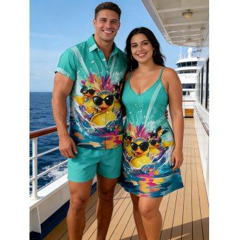 Hawaii Couple Outfit Duck with Sunglasses Wave Pattern Spaghetti Strap A Line Mini Dress and Roll Up Sleeve Shirt Vacation Matching Outfit