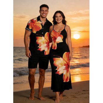Vacation Couple Outfit Tropical Floral Pattern Spaghetti Strap Pocket A Line Dress and Roll Up Sleeve Shirt Matching Outfit