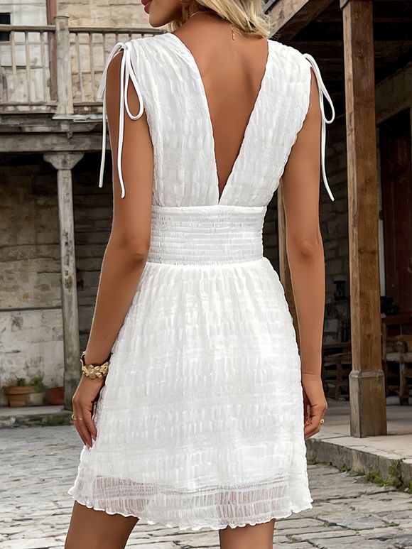 Robe de vacances unie texturée à décolleté plongeant et taille cintrée - Blanc XL | US 10