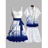 Sweetheart Neck Plum Blossom Ombre Print Belt Dress and Roll Up Sleeve Shirt Drawstring Vocation Outfit - Bleu S | US 4