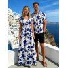 Vacation Couple Outfit Floral Leaf Silhouette Print Cap Sleeve Dress and Shirt Set - Bleu Marine S | US 4