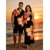 Vacation Couple Outfit Tropical Floral Pattern Spaghetti Strap Pocket A Line Dress and Roll Up Sleeve Shirt Matching Outfit
