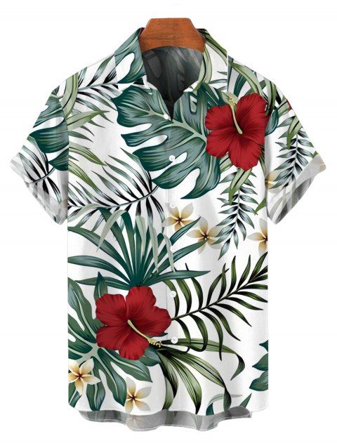 Chemise hawaïenne pour homme, imprimé floral à feuilles de palmier et hibiscus, à boutons