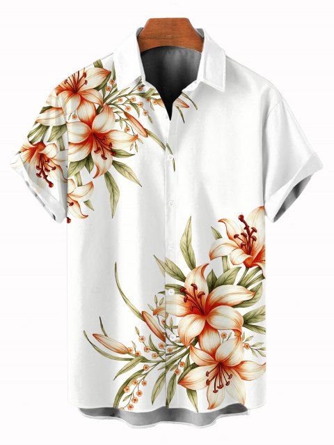Chemise de vacances pour homme à imprimé floral lys et feuilles, boutonnée