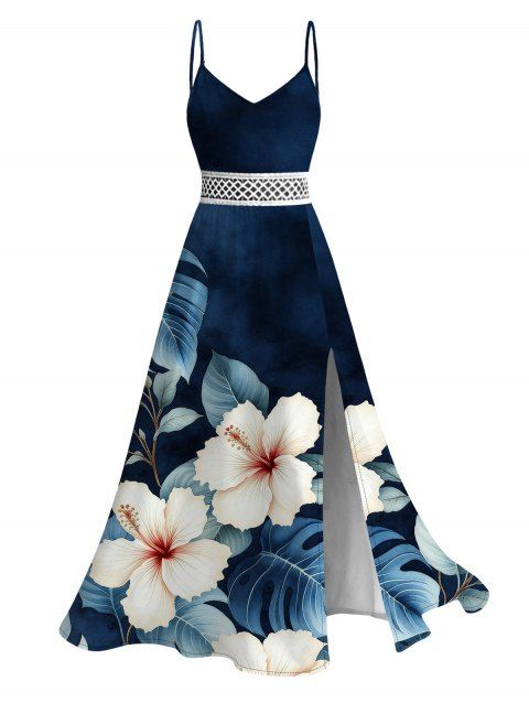 Robe de vacances imprimée de feuilles d'hibiscus aquarelle, fente en dentelle ajourée