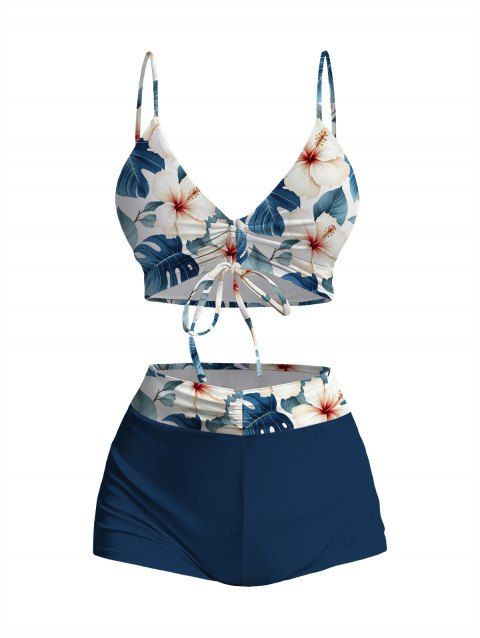 Ensemble de maillot de bain tankini de vacances, imprimé floral tropical hibiscus et feuilles, shorty resserré