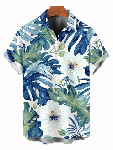 Chemise de vacances pour homme à imprimé floral tropical hibiscus et feuilles, boutonnée