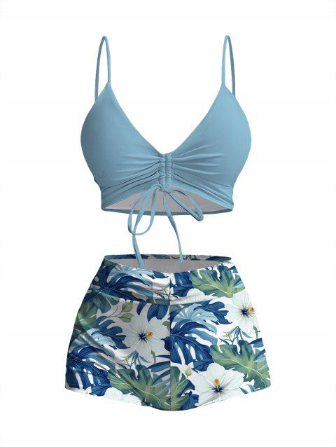 Ensemble de maillot de bain tankini de vacances, shorty à imprimé floral tropical hibiscus et feuilles, taille basse