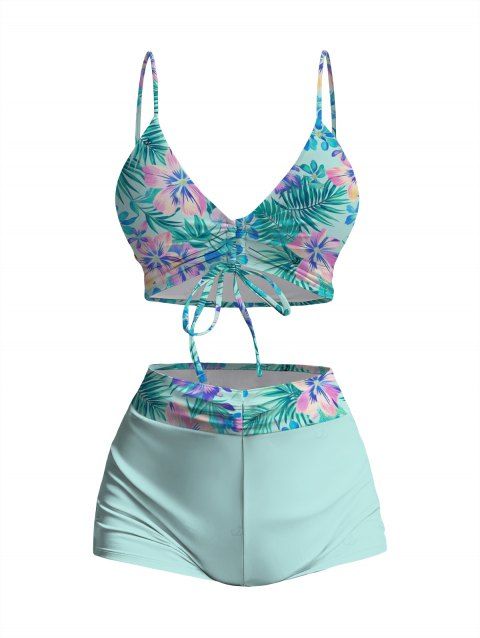 Ensemble de maillot de bain tankini de vacances, imprimé floral tropical hibiscus et palmiers, shorty resserré