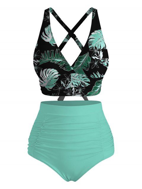 Ensemble de maillot de bain tankini de vacances, imprimé feuilles de monstera, shorty froncé croisé