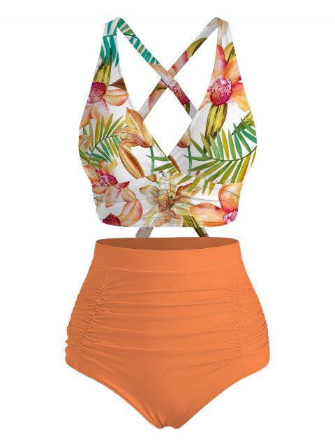 Ensemble maillot de bain de vacances imprimé floral orchidée monstera, shorty froncé croisé