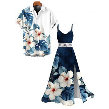 Two-tone Vacation Couple Outfit Hibiscus Floral Leaf Print Slit Lace Hollow Out Dress and Shirt Set
