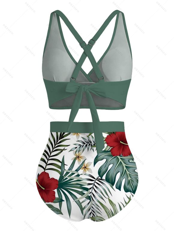 Ensemble maillot de bain de vacances hawaïen, imprimé floral feuilles de palmier et hibiscus, shorty froncé croisé - PLANT GREEN XXL | US 14