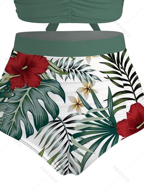 Ensemble maillot de bain de vacances hawaïen, imprimé floral feuilles de palmier et hibiscus, shorty froncé croisé - PLANT GREEN XXL | US 14