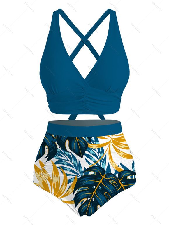 Hawaiian Vacation Couple Outfit Crossover Monstera Leaf Print Ruched Swimsuit and Shirt Set - Paon Bleu S | US 4